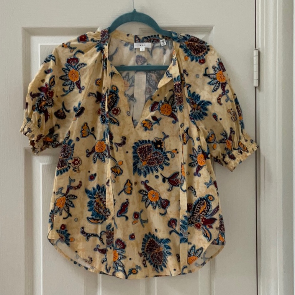 A.L.C. Yellow Block Print Floral Blouse 2
